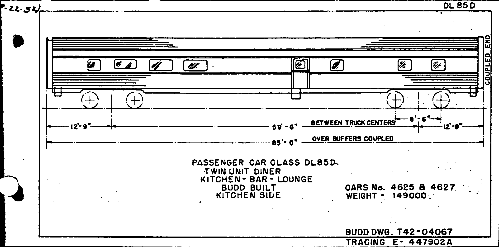 DL85d-Dining car, twin unit, kitchen, bar, lounge-Budd